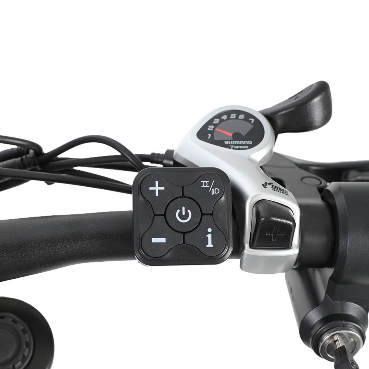 Nahaufnahme des Fahrradlenkers mit Schalthebel und Bedienelement.