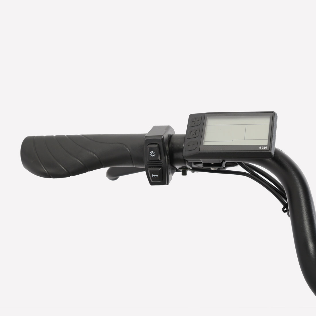 Ein schwarzer Fahrradgriff mit Display und Bedienelementen.