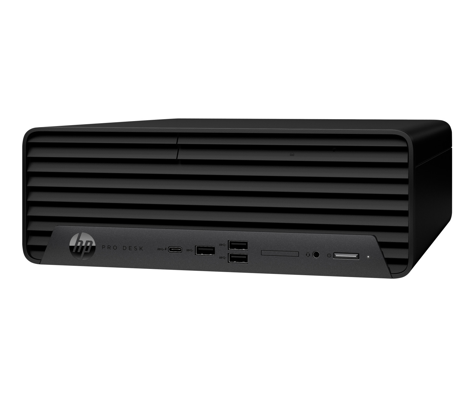 Un computer HP Pro Desk nero con prese d'aria e porte anteriori.