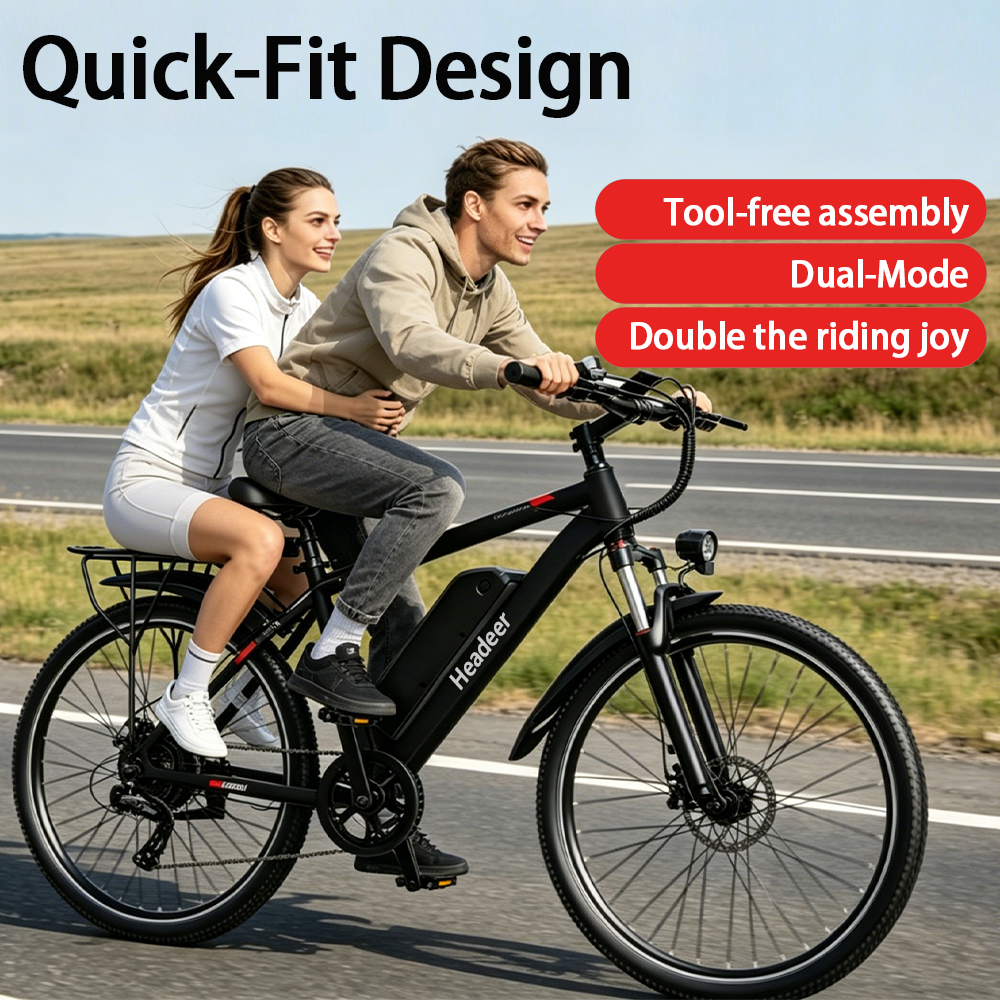 Una coppia guida una e-bike nera su una strada. Design a rapido montaggio.