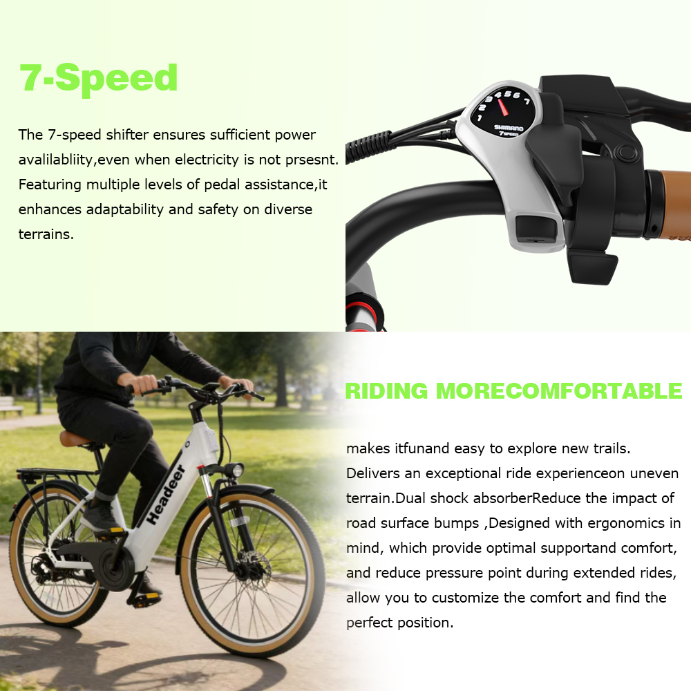 E-bike a 7 marce, dettagli del ciclista e della bici, testo sul comfort di guida.