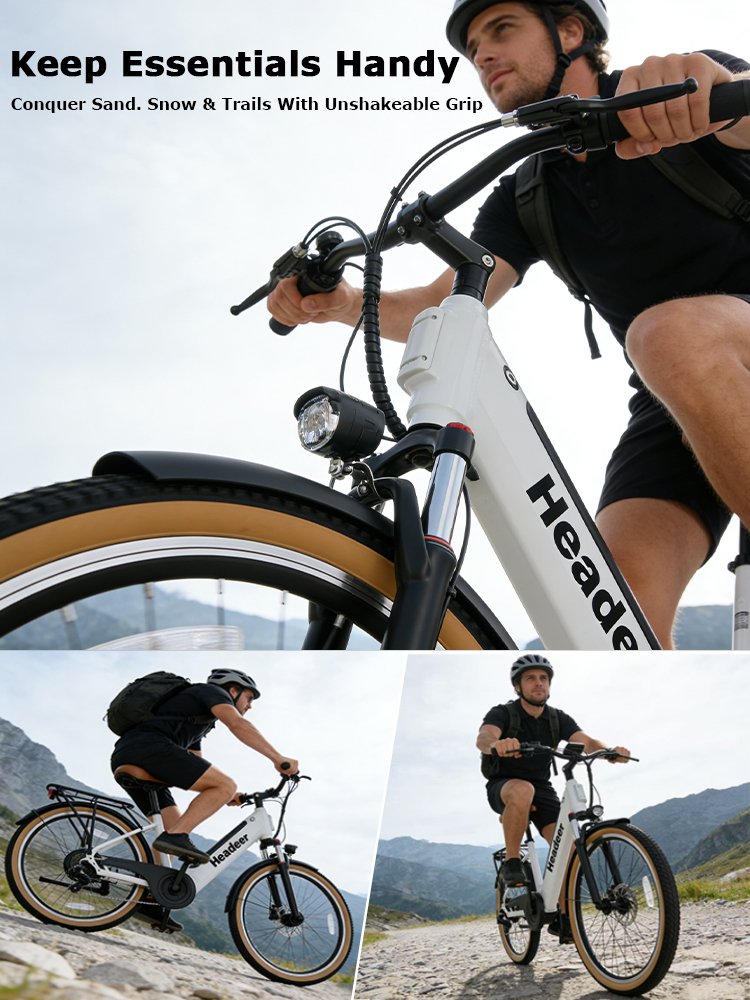 Uomo in sella a e-bike bianca su terreno roccioso. Testo: Keep Essentials Handy.