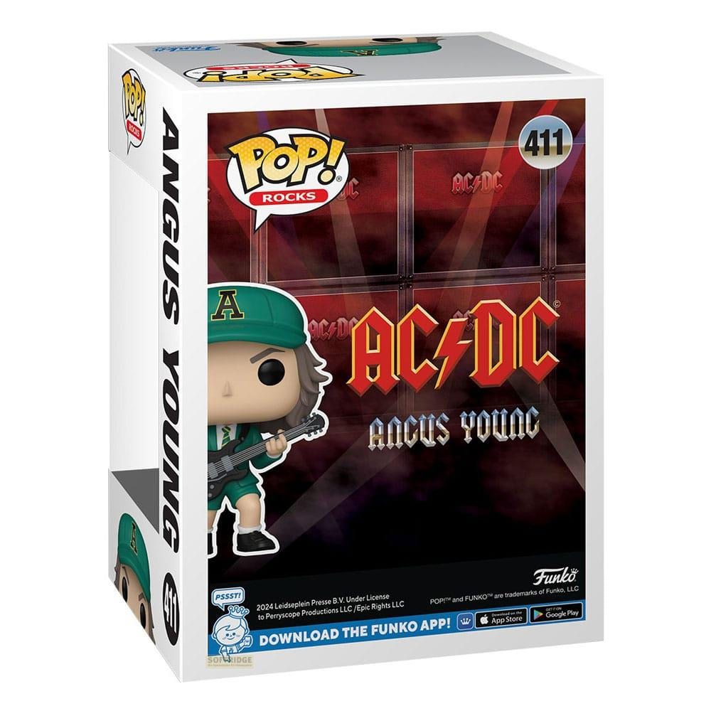 Figura Funko Pop! di Angus Young con chitarra, logo AC/DC sulla scatola.