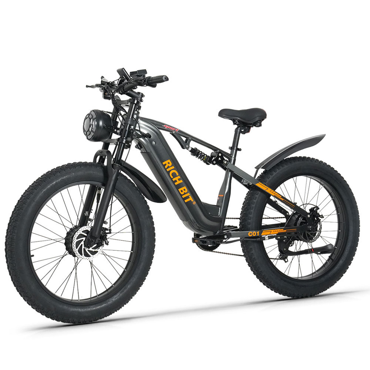 Bicicletta elettrica grigia con ruote grasse, sospensioni e faro.