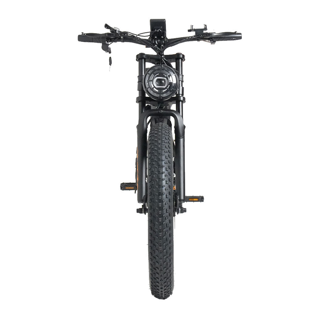 Bici elettrica nera con pneumatici larghi, faro rotondo e manubrio.
