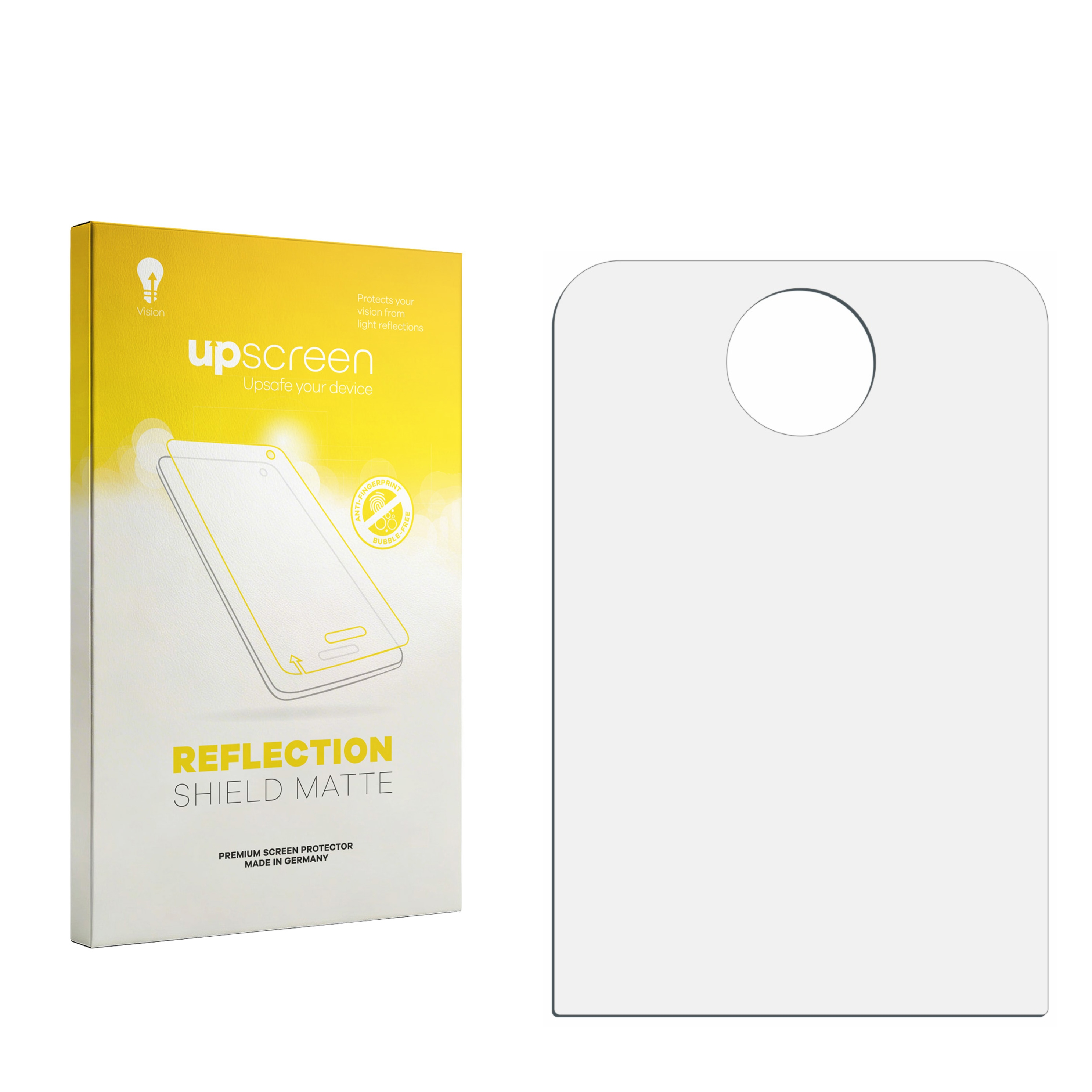 Gelbe Verpackung für Bildschirmschutzfolie mit Aufschrift 'upscreen'.