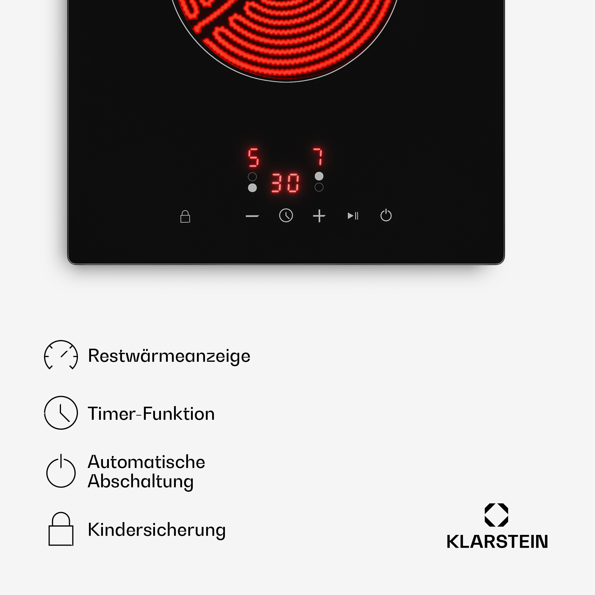 Ein Kochfeld mit roten Heizelementen und digitalen Anzeigen für Zeit und Leistung.