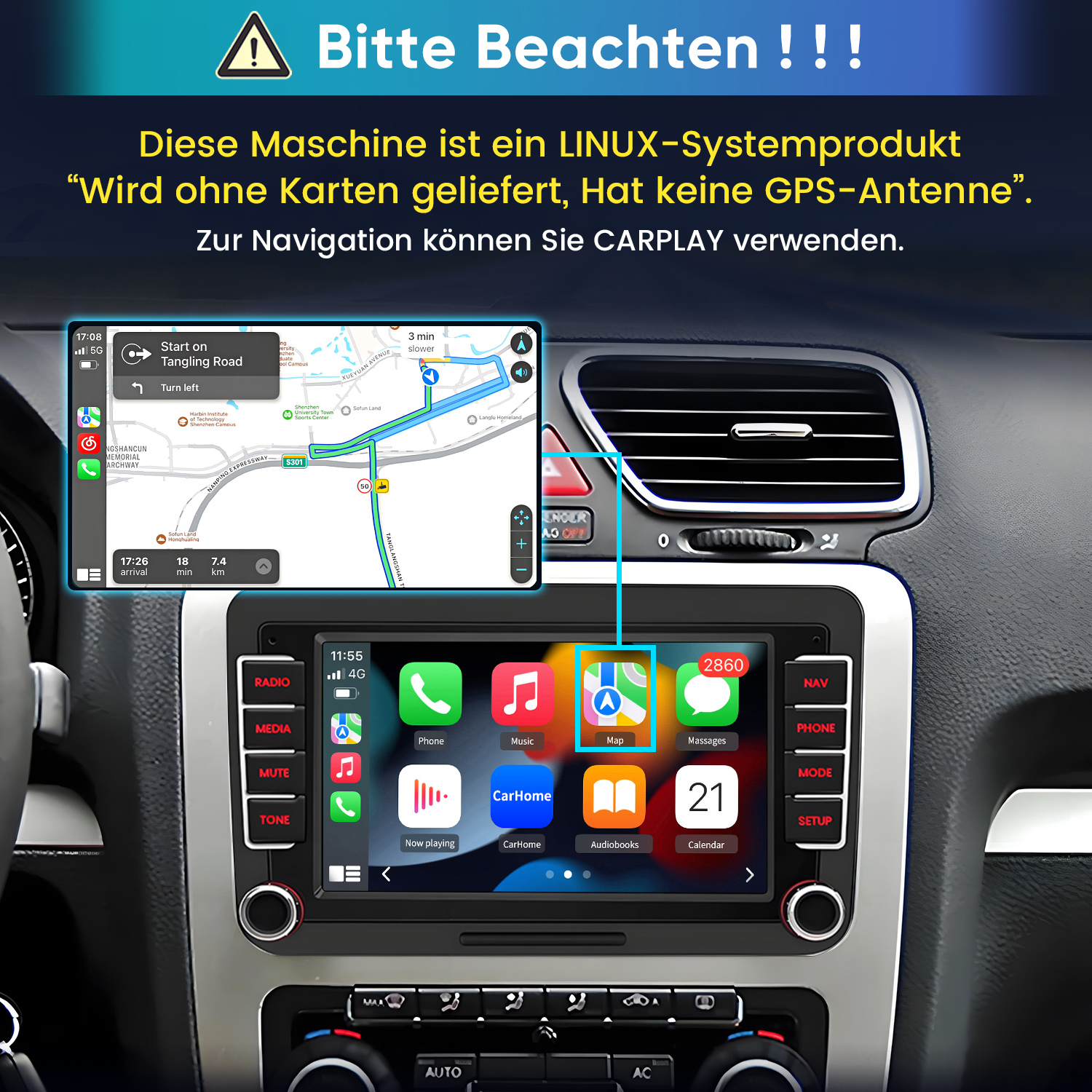 Ein Auto-Infotainmentsystem mit CarPlay-Navigation, Warnhinweisen.