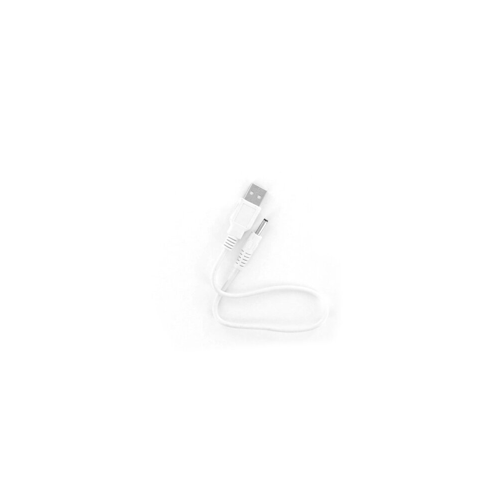 Ein weißes USB-zu-DC-Kabel mit Anschlüssen an beiden Enden.