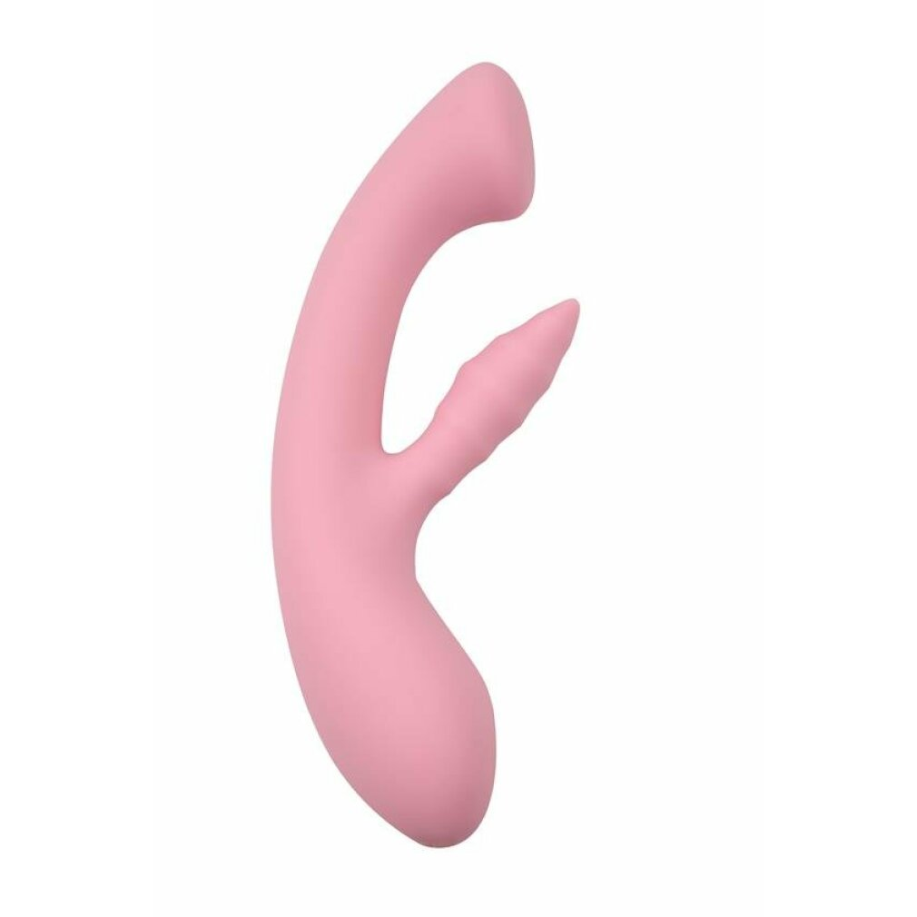Ein rosafarbener Vibrator mit gebogenem Schaft und zwei Spitzen.