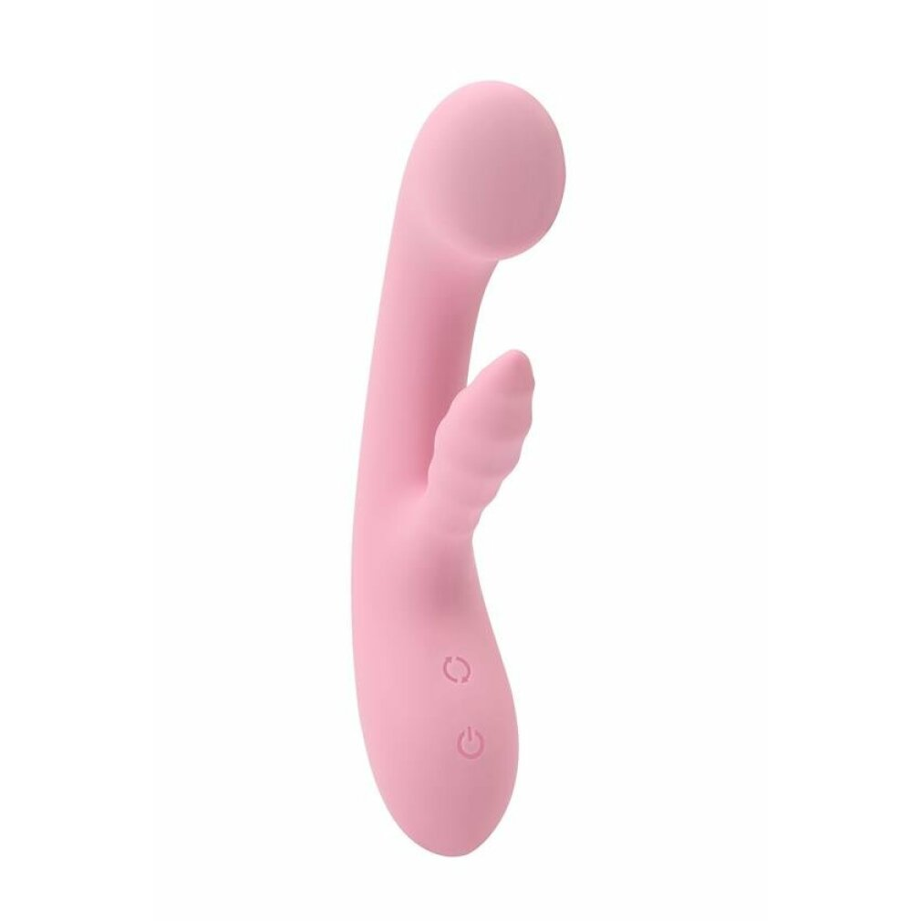 Ein rosafarbener Vibrator mit gekrümmter Form und geripptem Aufsatz.