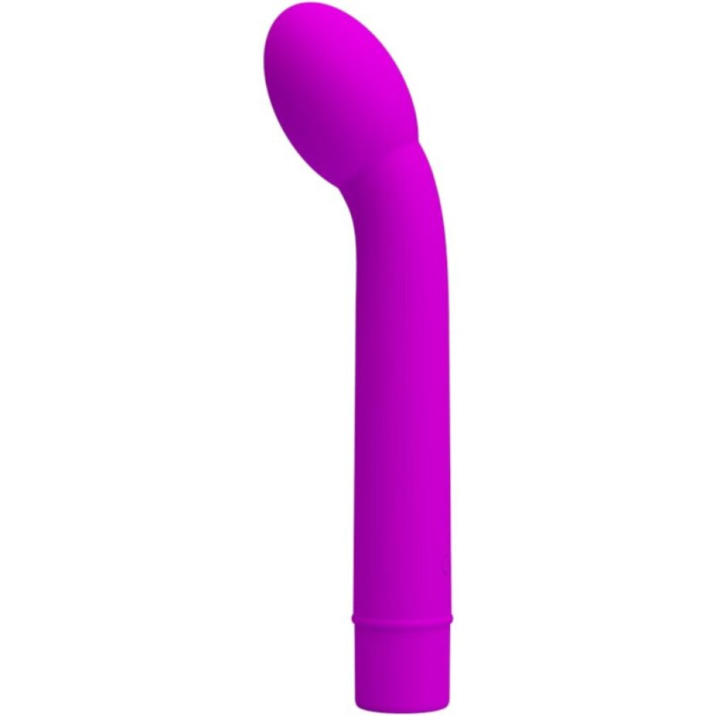 Ein violetter Vibrator mit einer gebogenen Spitze und einem geraden Griff.