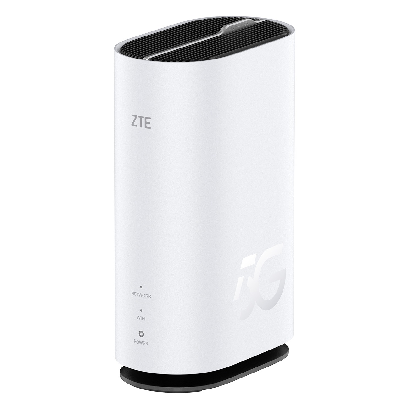 Ein weißer ZTE 5G-Router mit Lüftungsschlitzen oben und Statusanzeigen.