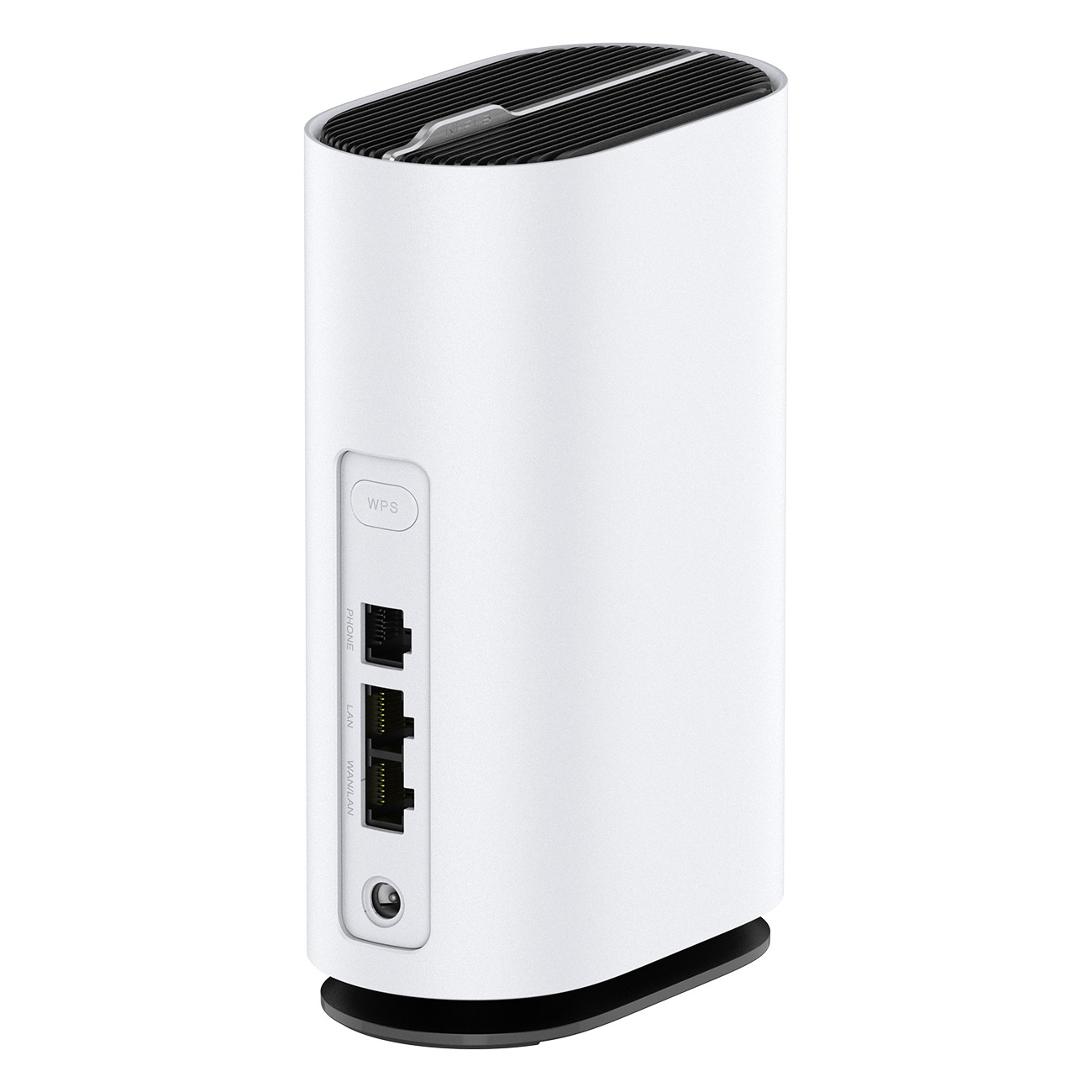 Ein weißer Router mit Ethernet- und Telefonanschlüssen und einer WPS-Taste.