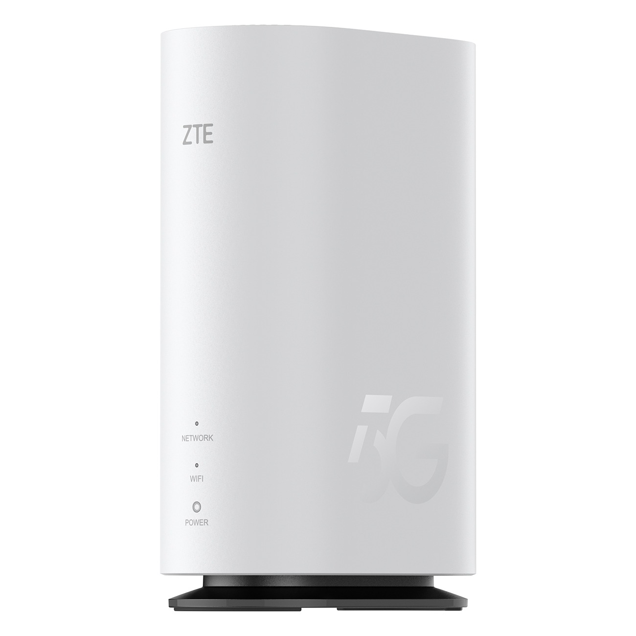 Ein weißer ZTE 5G-Router mit Netzwerk-, WLAN- und Stromanzeigen.