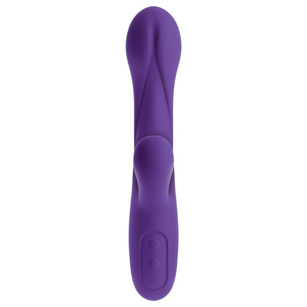 Ein violetter Vibrator mit gerilltem Schaft und zwei Knöpfen am unteren Ende.