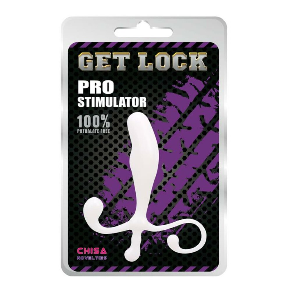Verpackung mit weißem Stimulator, lila Hintergrund und Text 'GET LOCK PRO STIMULATOR'