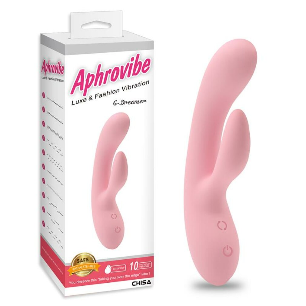 Ein pinker Vibrator und seine Verpackung mit der Aufschrift 'Aphrovibe'.