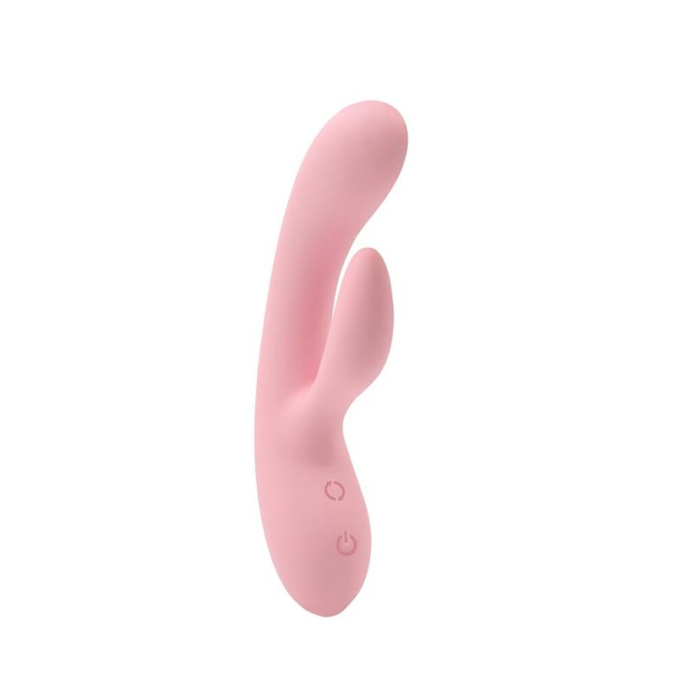 Ein rosafarbener Vibrator mit zwei Spitzen, der auf weißem Hintergrund isoliert ist.