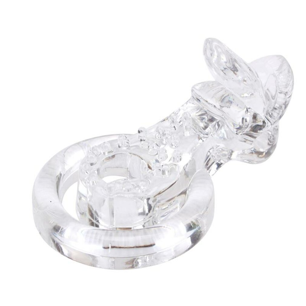 Ein durchsichtiger, ringförmiger Gegenstand mit Noppen und einem Flügel.