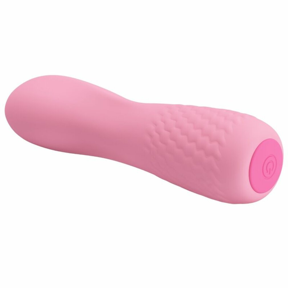 Ein rosafarbener Vibrator mit einer geriffelten Textur und einem runden Knopf mit einem Power-Symbol.