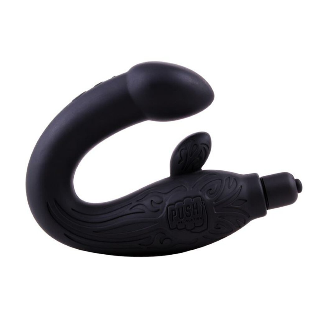 Ein schwarzer, gebogener Vibrator mit verzierten Mustern und einem kleinen, ohrenähnlichen Vorsprung.