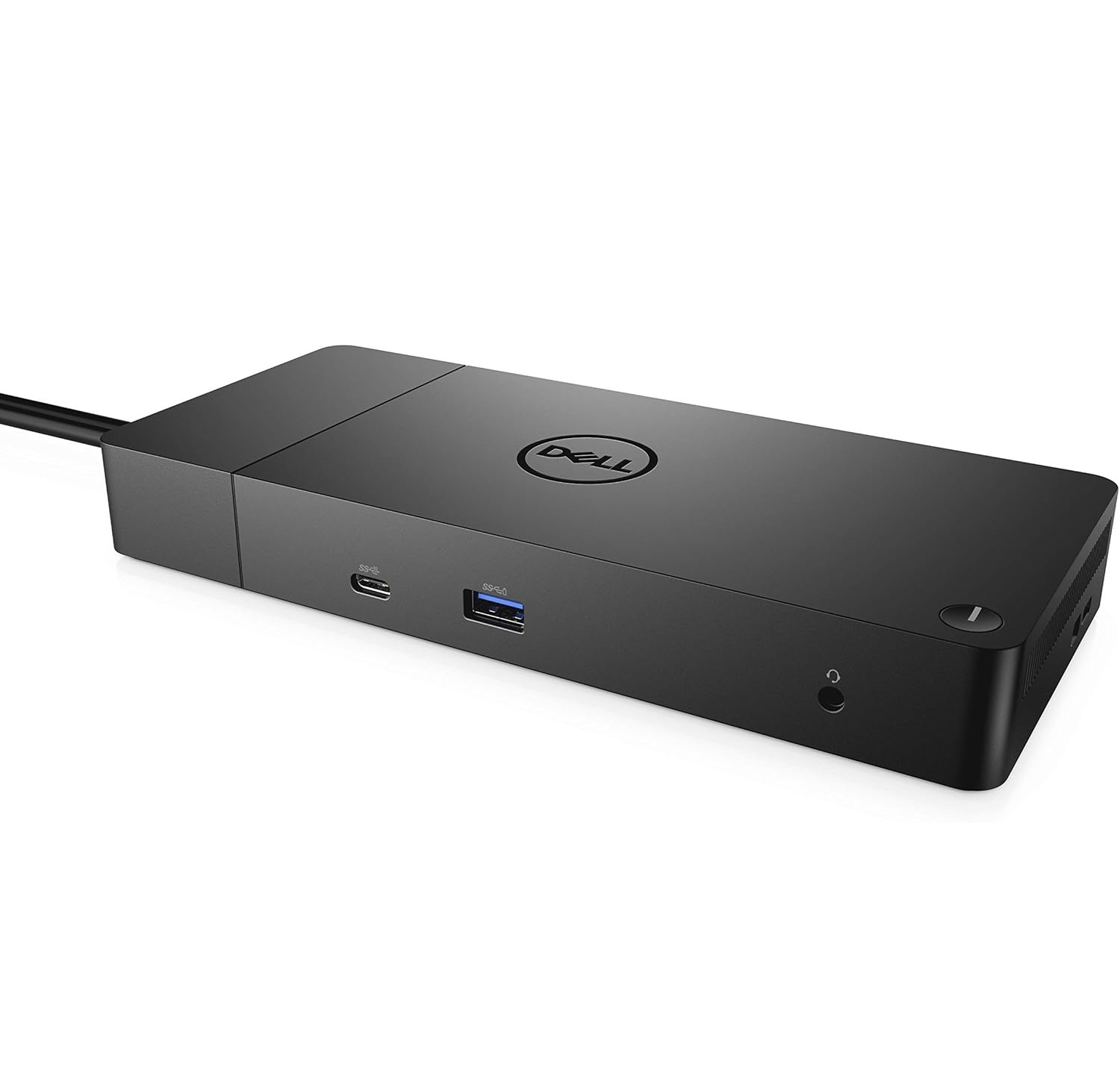 Schwarzer Dell-Dockingstation mit USB-C-, USB-A- und Audioanschlüssen.