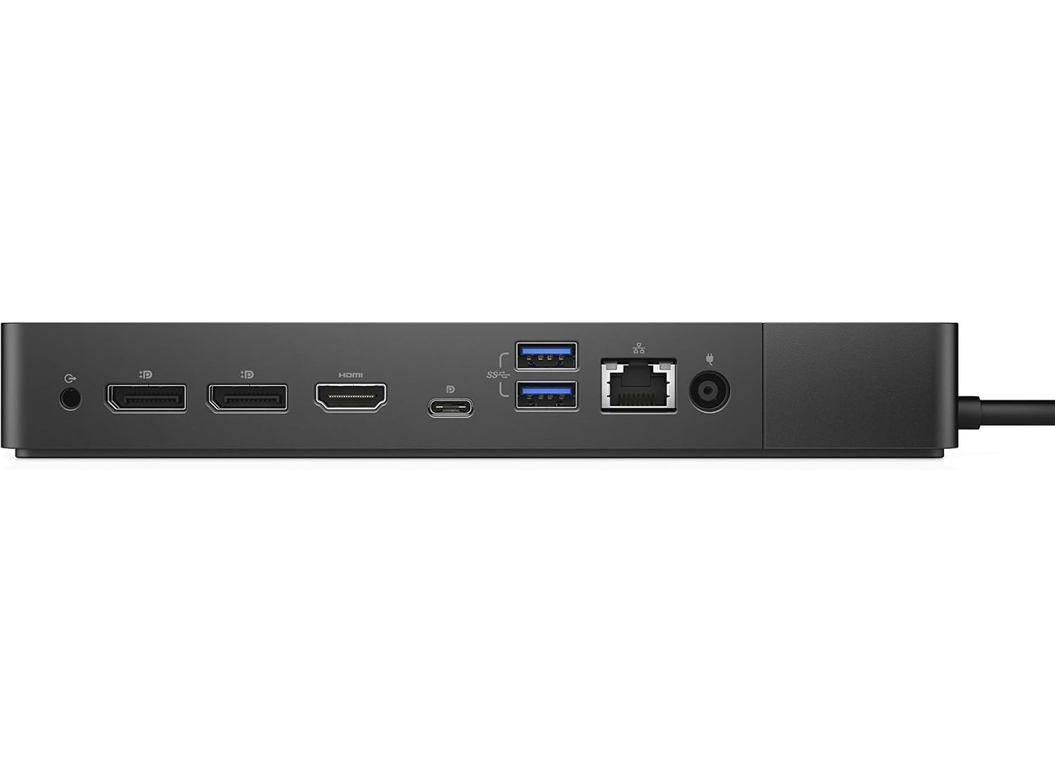 Schwarzer Docking-Station mit USB-C-, HDMI-, DisplayPort- und Ethernet-Anschlüssen.