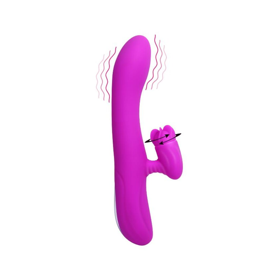 Ein violetter Vibrator mit drehenden Blütenblättern und Vibrationswellen.
