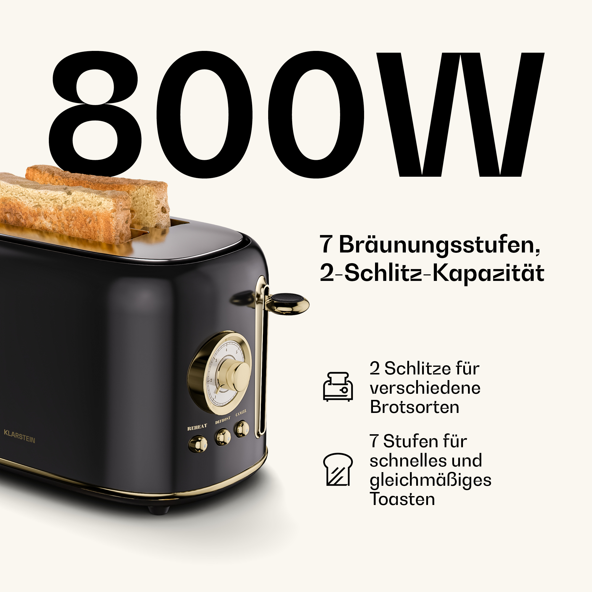 Schwarzer Toaster mit 2 Toastscheiben und goldenen Akzenten. 800W.