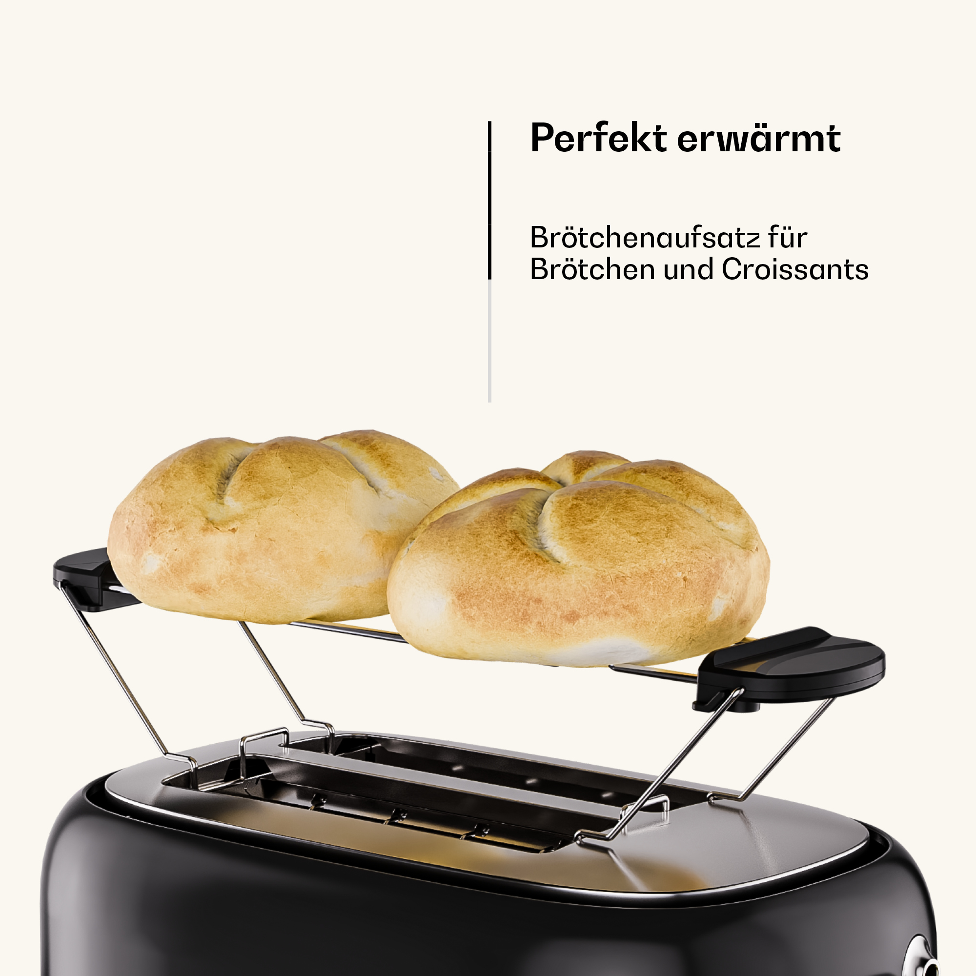 Ein schwarzer Toaster mit einem Brötchenaufsatz, auf dem zwei goldbraune Brötchen liegen.