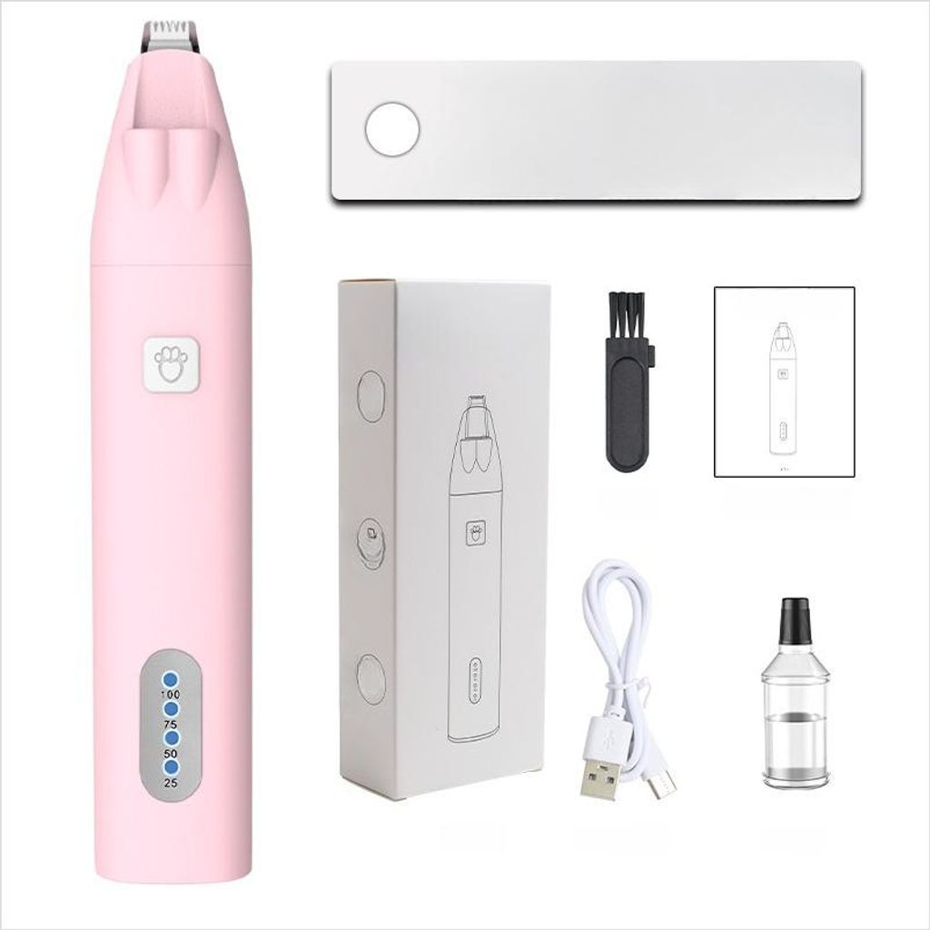 Pinkes Haustierpflegegerät mit Zubehör: Ladekabel, Bürste, Öl und Karton.