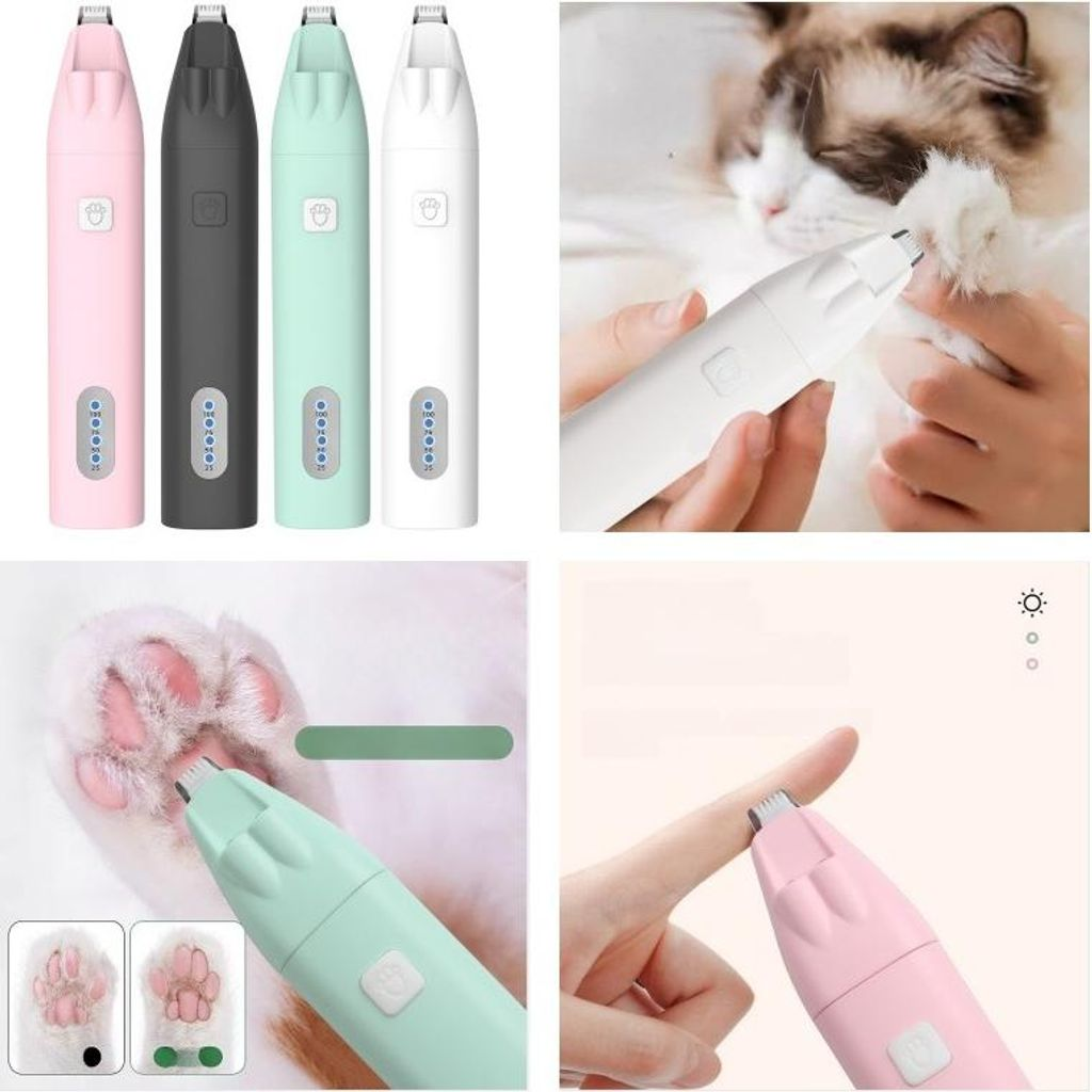 Vier Haustierpflege-Scheren in Pink, Schwarz, Mint und Weiß. Zeigt auch Scheren, die das Fell und die Pfote einer Katze trimmen.