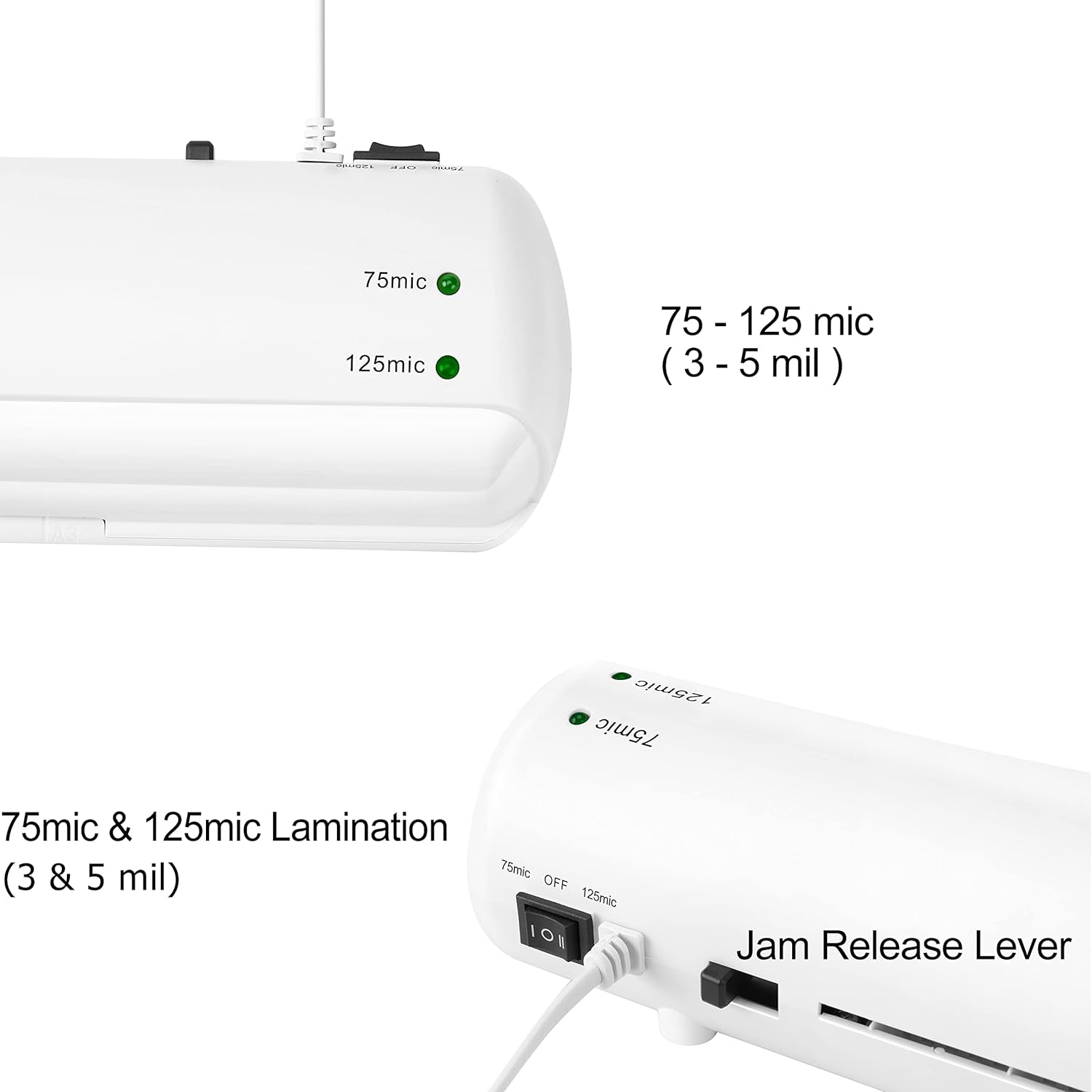 Weiße Laminiergeräteeinheit mit Schaltern und Lichtern für 75mic & 125mic.