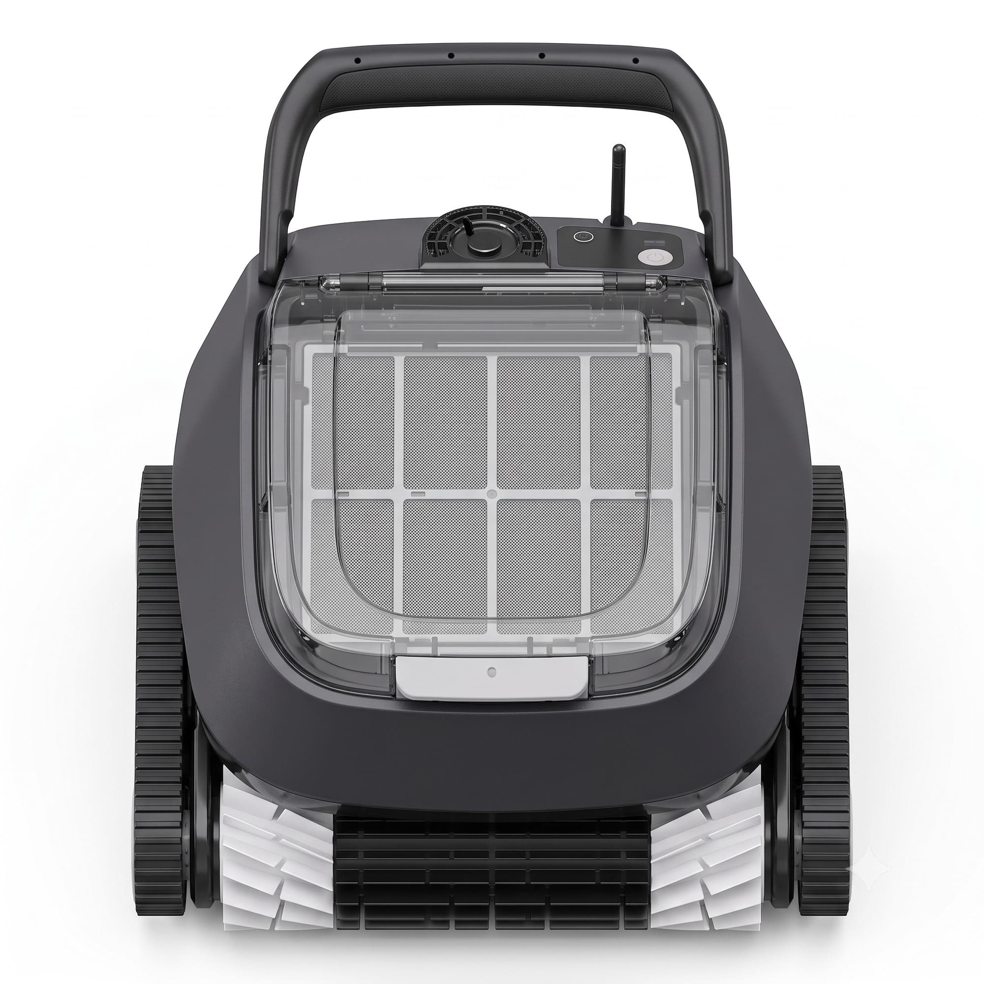 Un limpiador de piscina negro con tapa transparente que muestra un sistema de filtros.