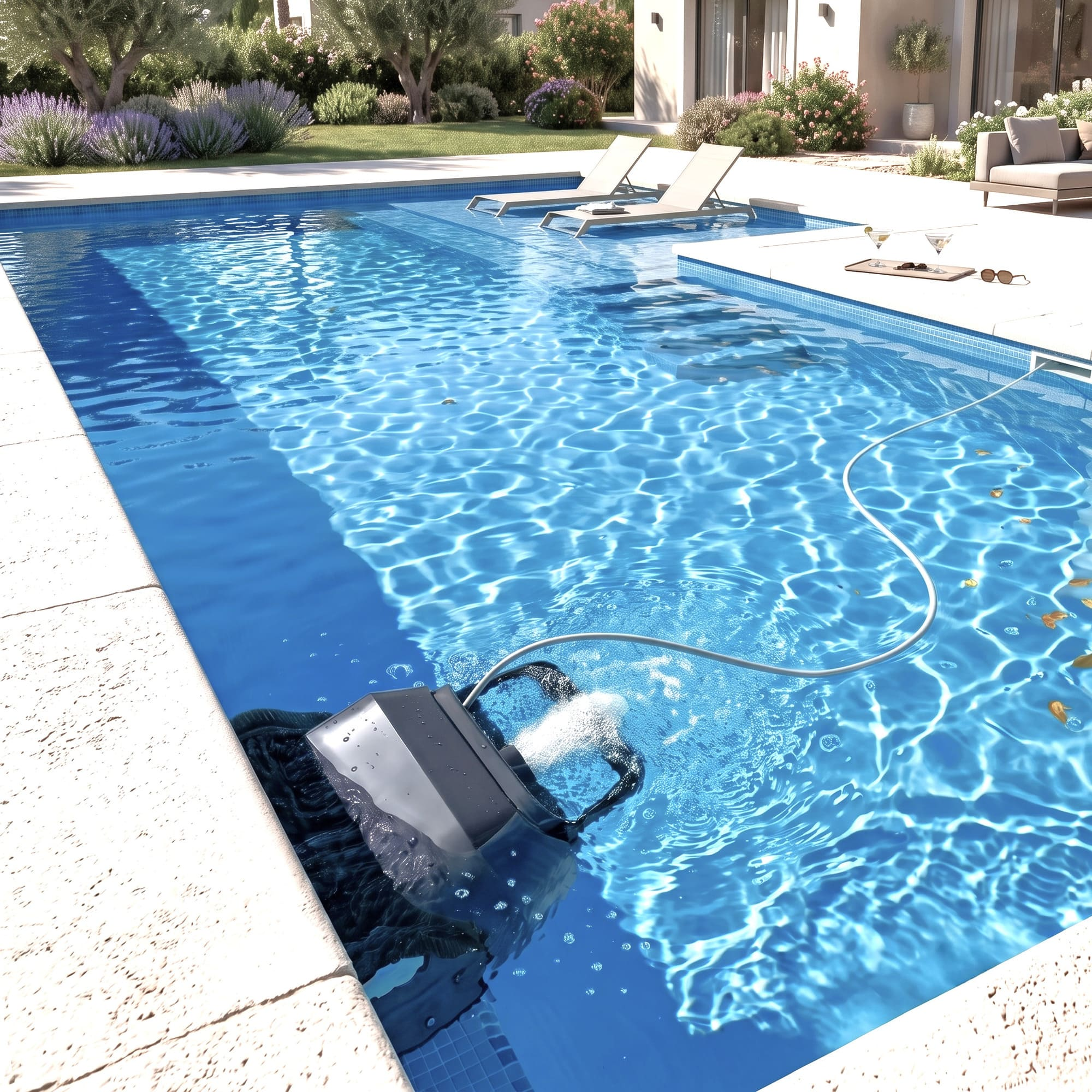 Un robot limpia-piscinas limpia una piscina azul con tumbonas y plantas al fondo.