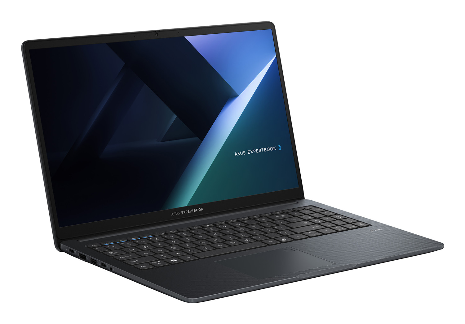 Un laptop ASUS ExpertBook aperto e scuro con sfondo astratto sullo schermo.