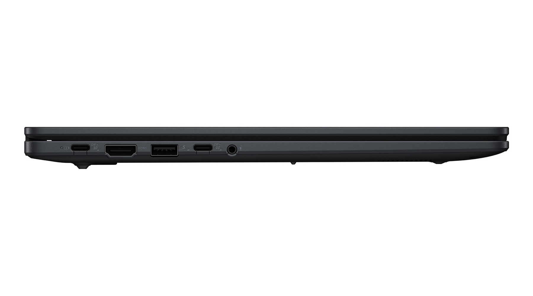 Vista laterale di un laptop nero con porte USB-A, USB-C, HDMI e audio.