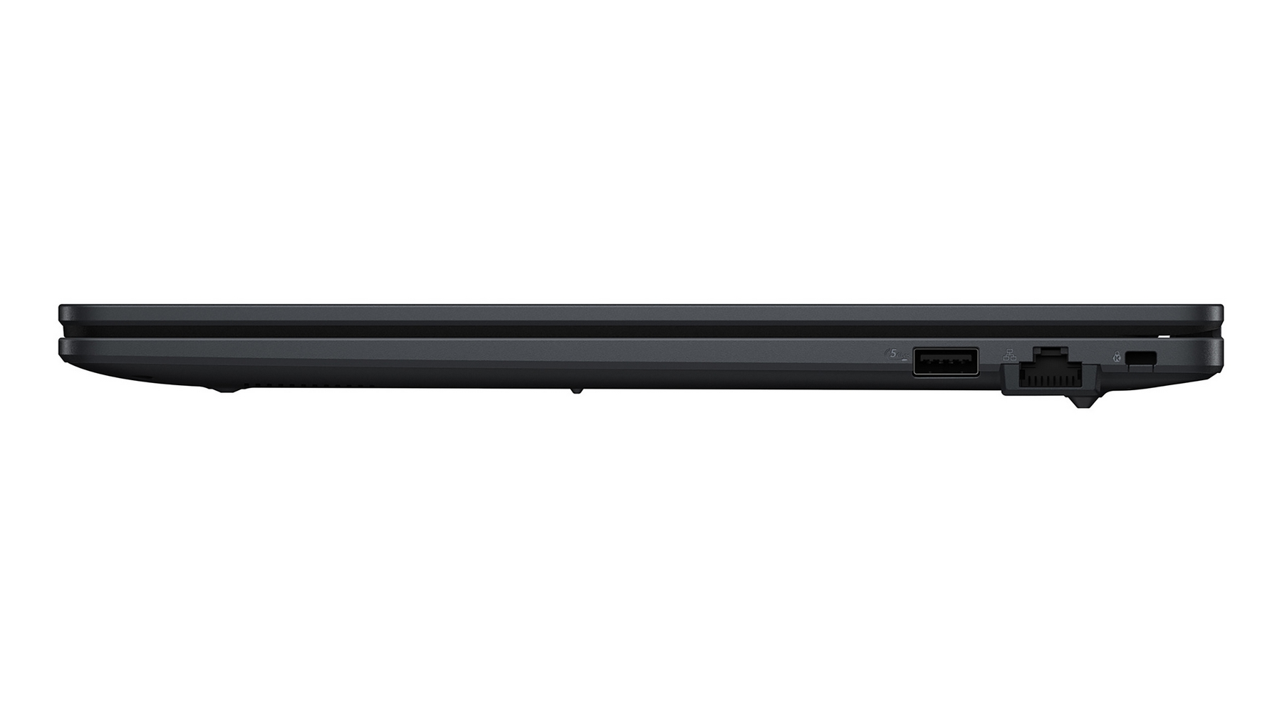 Vista laterale di un laptop nero con porte USB ed Ethernet.