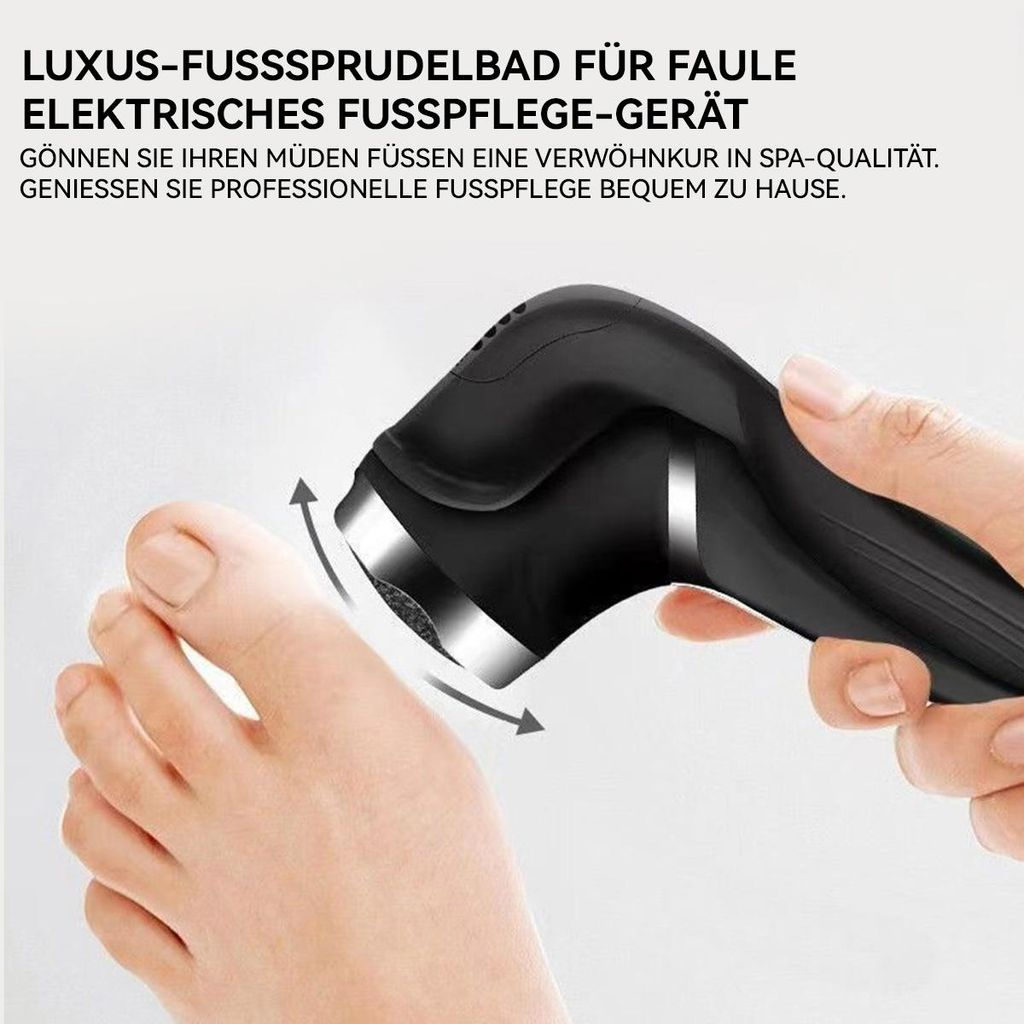 Elektrisches Fußpflegegerät in Schwarz wird auf einem Fuß verwendet.