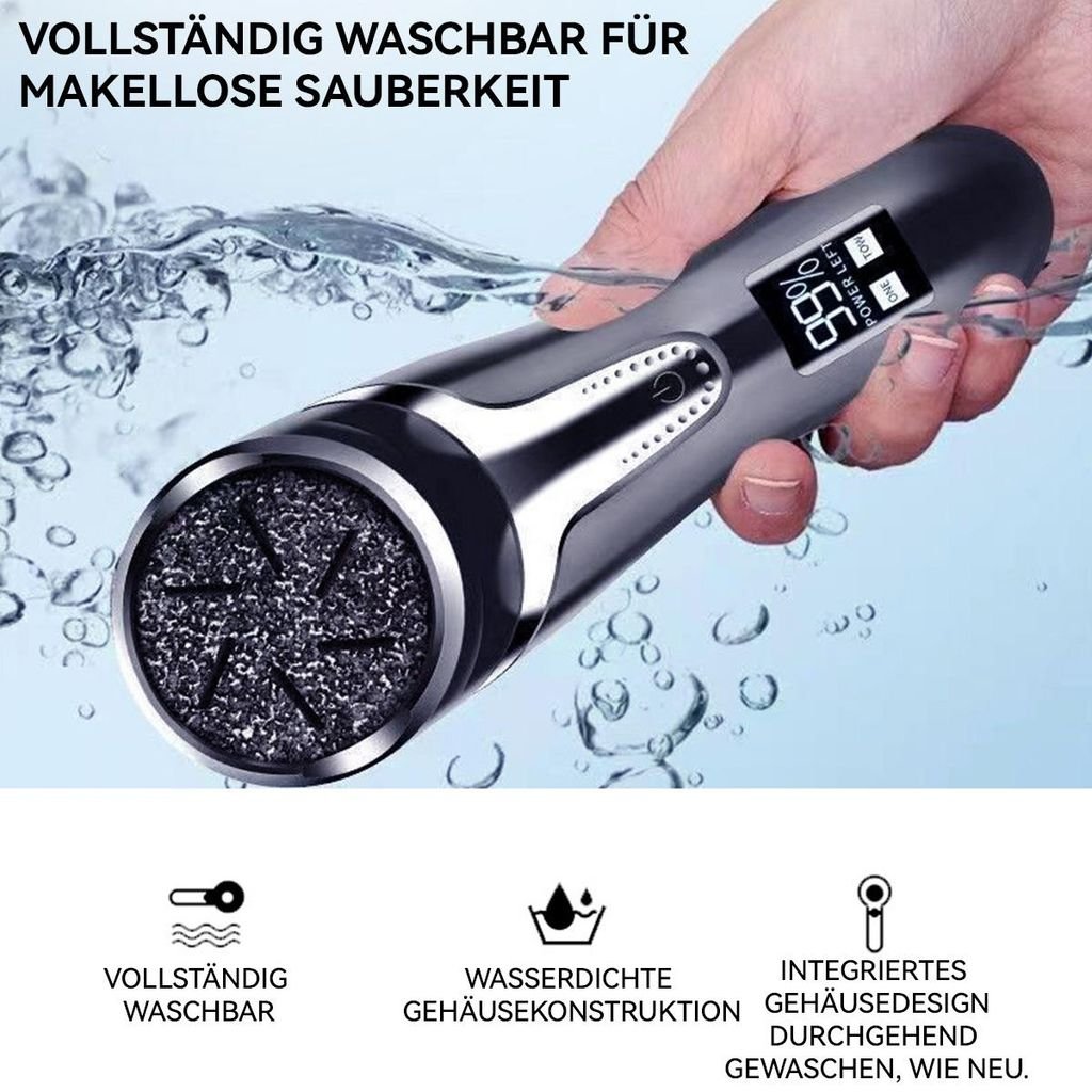 Ein Mann hält einen wasserdichten Rasierer in der Hand, der unter Wasser gehalten wird.