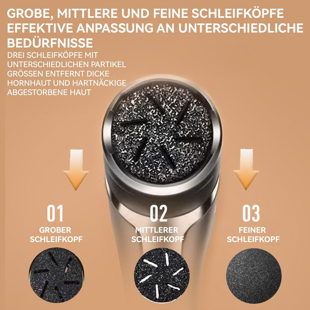 Drei Schleifköpfe für Hautpflege: grob, mittel, fein. Entfernen Hornhaut.