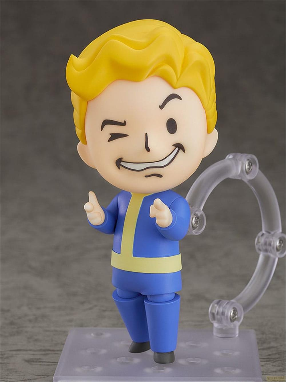 Ein Nendoroid-Charakter mit gelben Haaren und einem blauen Overall mit gelben Akzenten.