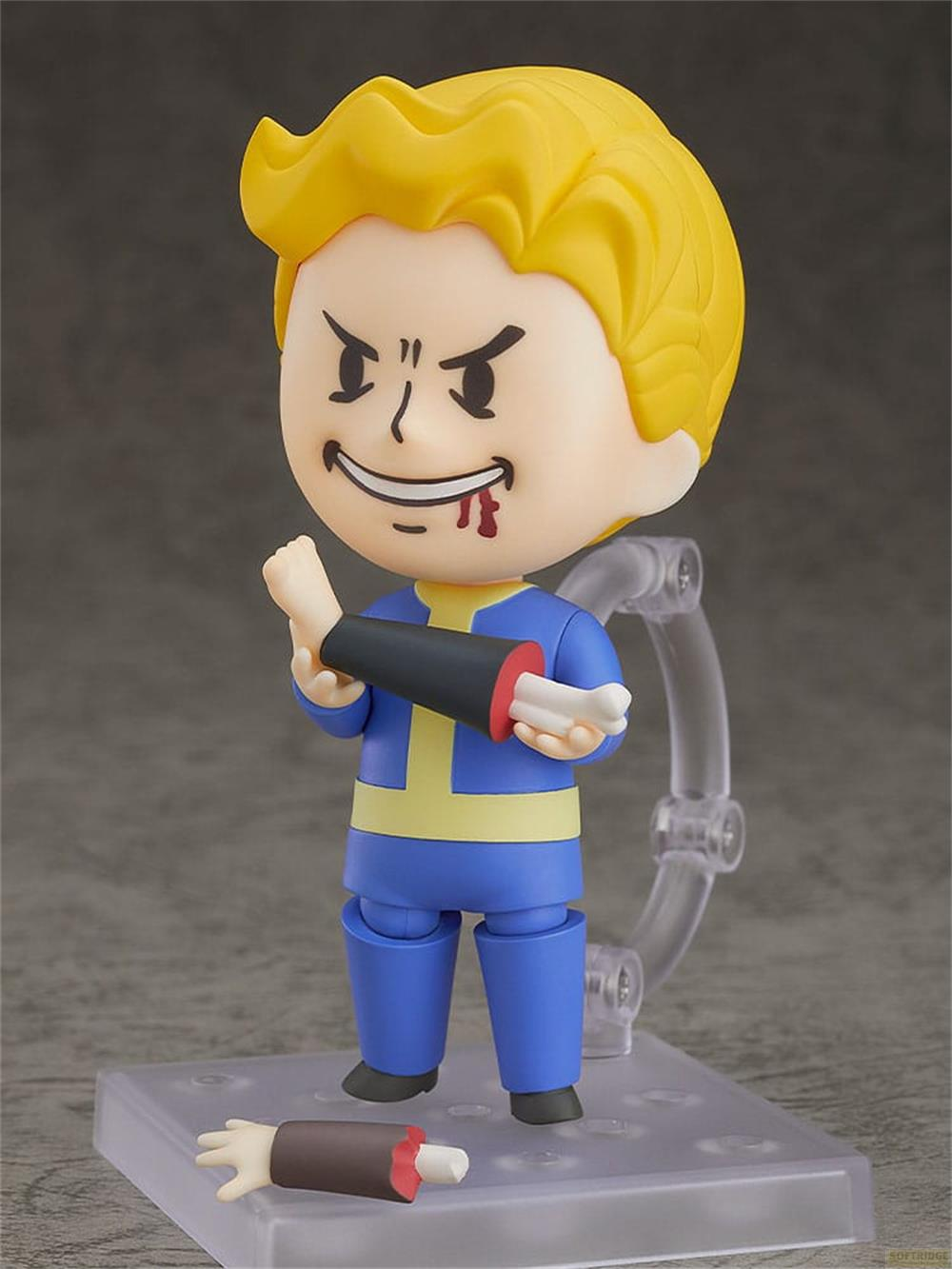 Eine Figur mit gelben Haaren und blauem Anzug hält einen blutigen Arm.