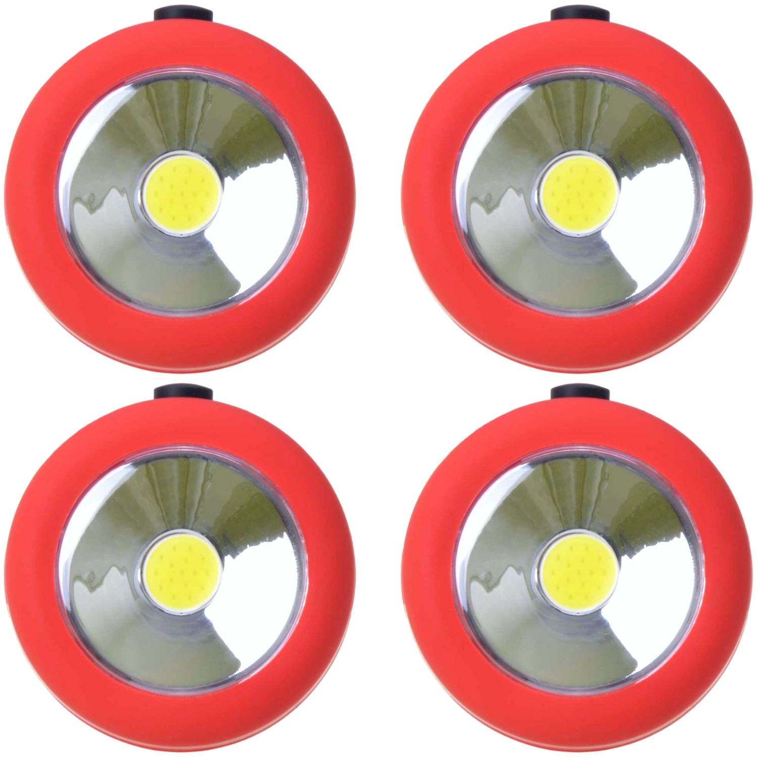 Vier rote Taschenlampen mit hellem LED-Licht.