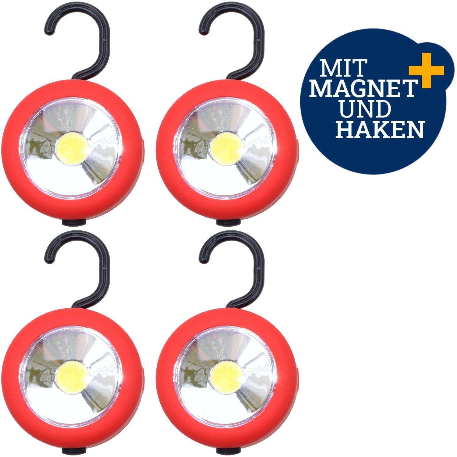 Vier rote Arbeitsleuchten mit Haken und Magneten