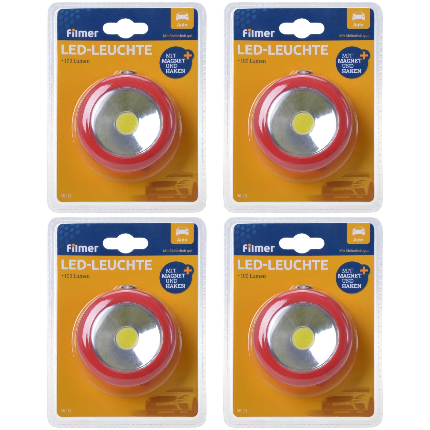 Verpackte rote LED-Leuchte mit Magnet und Haken. 100 Lumen. Für Autos.