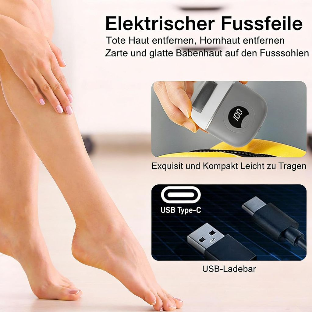 Elektrische Fußfeile mit USB-C Ladekabel, zeigt eine glatte Haut.