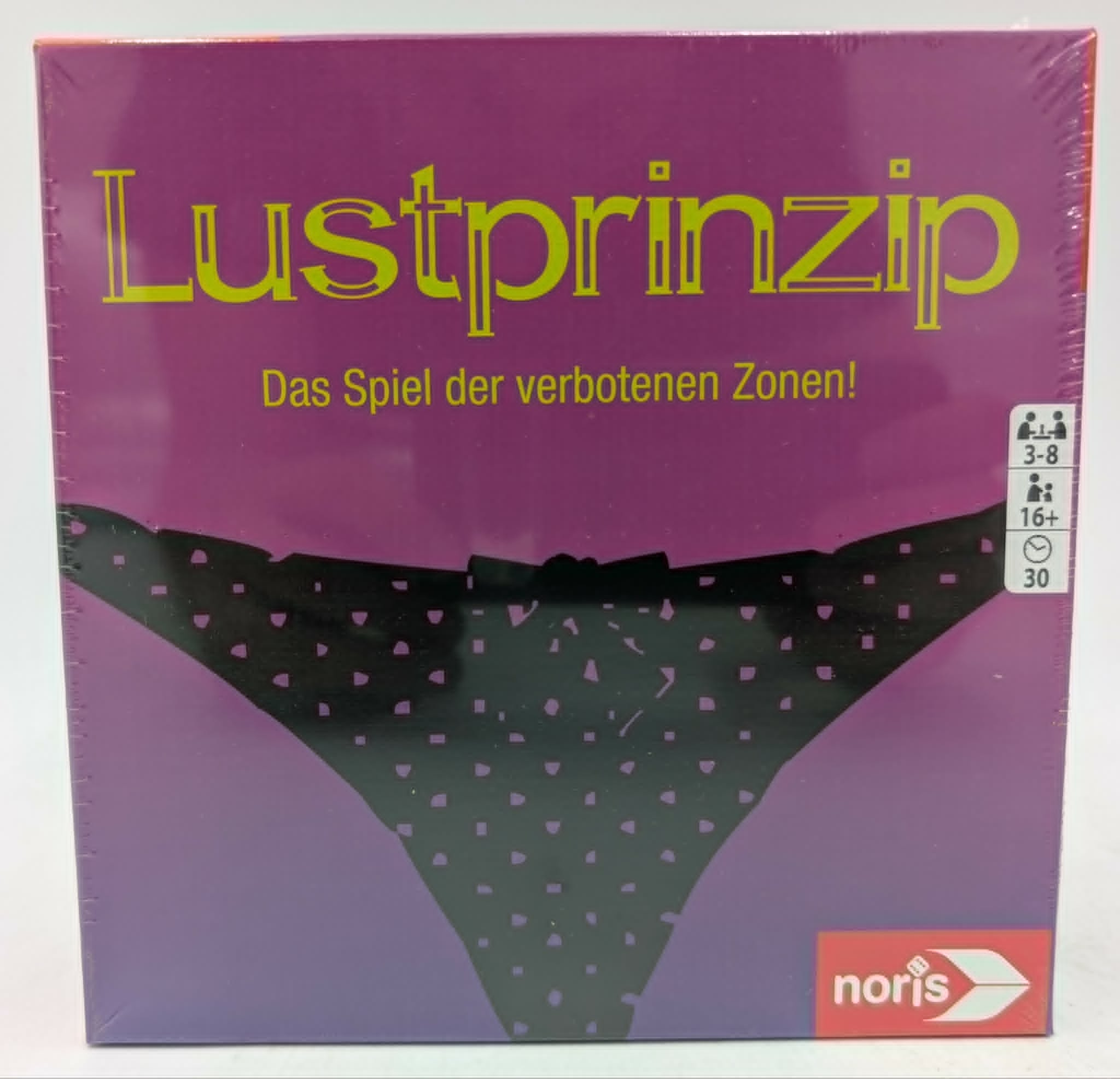 Lustprinzip Spielverpackung mit lila Hintergrund und schwarzer Unterwäsche Grafik.