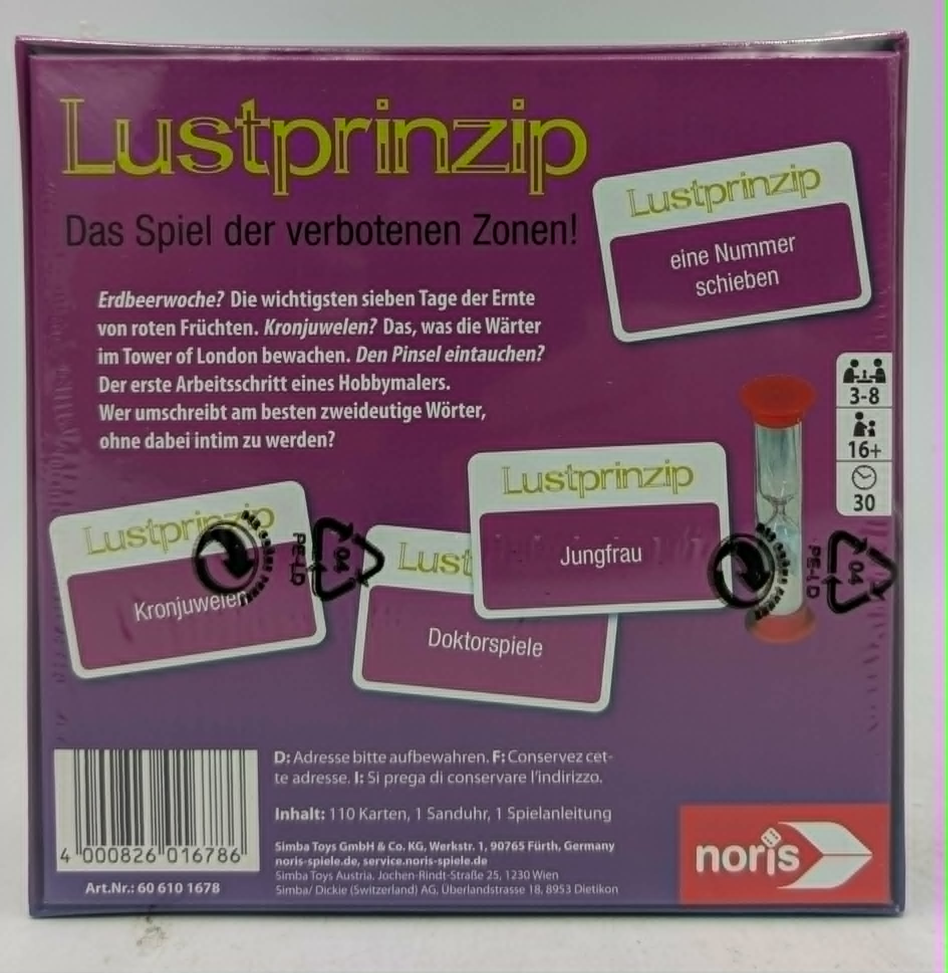 Spielverpackung mit Titel 'Lustprinzip', Spielanleitung, Sanduhr und Karten.